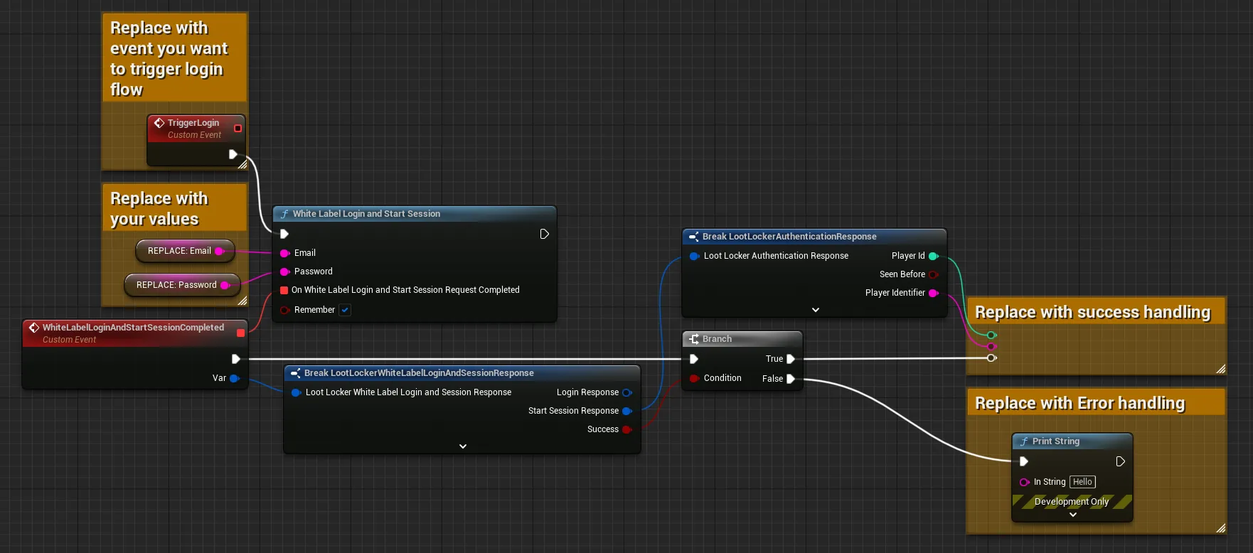 Shows an example of how to implement login and starting a game sessioin using a White Label account in Unreal Blueprints - see link: https://blueprintue.com/blueprint/ifhc8tck/