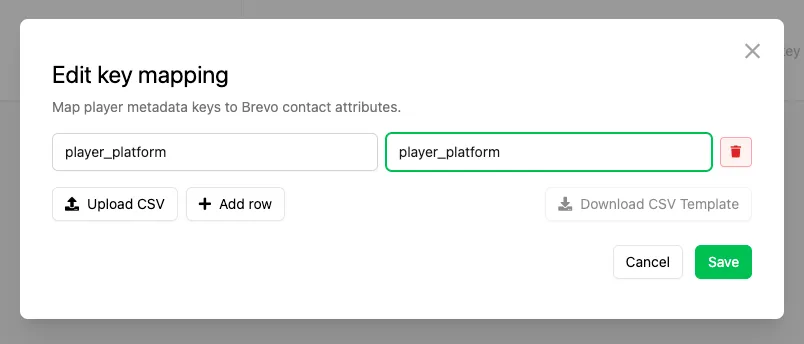 Edit key mapping modal for Brevo with one row mapping a metadata key to a Brevo attribute