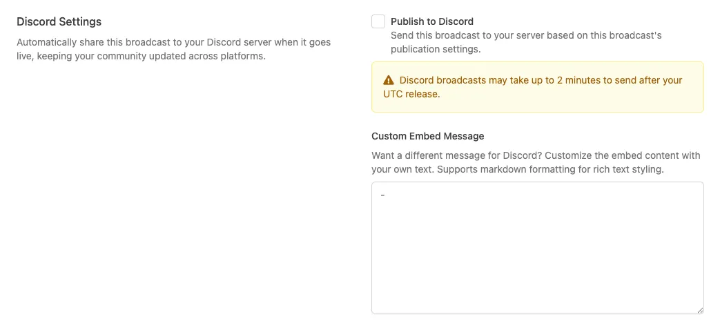 Publish to Discord toggle in the Broadcast Discord Settings