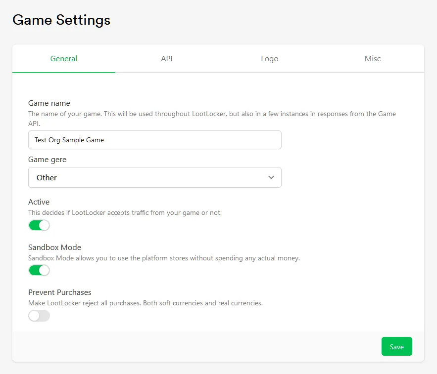 General Game Settings lets you set the Game name, genre and a few other toggles.