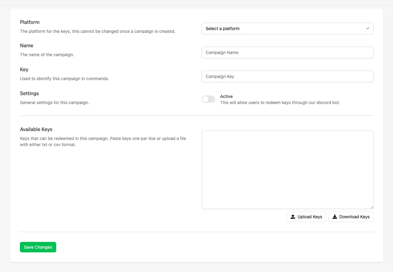 The Create Campaign form showing fields for Platform, Name, Key, Active toggle, and Available Keys with upload and download options