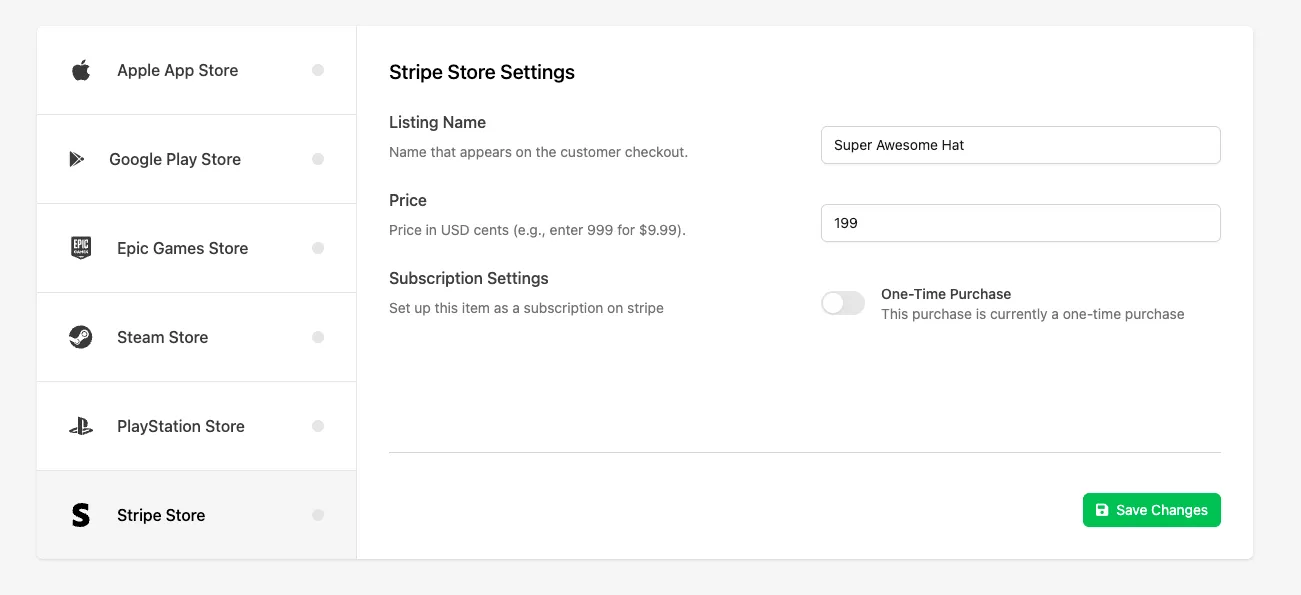 Configuring a Catalog Listing's IAP tab for a one-time Stripe purchase in the Web Console